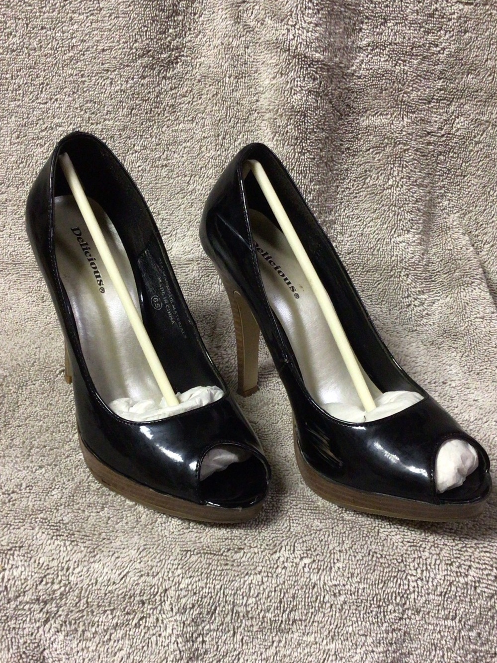 Delicious Black Patent Peep-Toe High Heels, Size 6.5